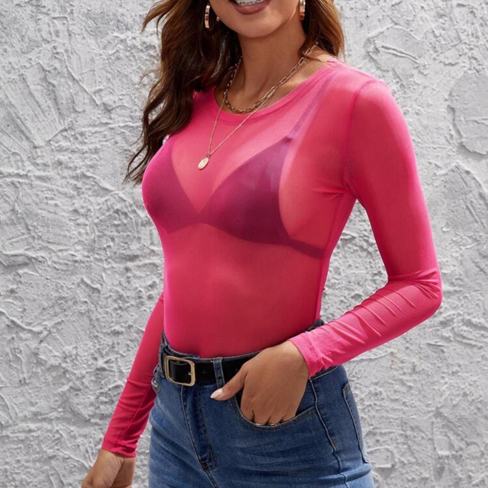 SHEIN Pink Fitted Blouse with Long Sleeves